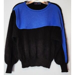 Vintage 1980s ESCADA Black Blue Angora Wool Blend Color Block Sweater Size 36 6‎